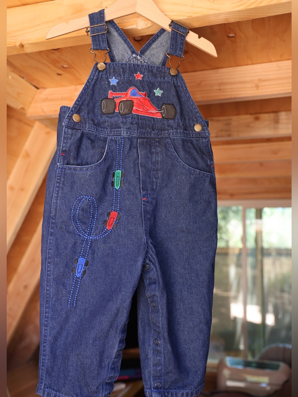 Vintage Vitamin Baby Denim Race Car Overalls Romper 18M Y2K Embroidered Baby Boy